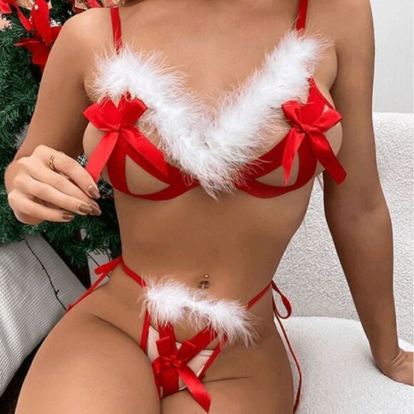 SEXY CHRISTMAS RED BOW LACE-UP CUTOUT LINGERIE SET- S, L, XL - Picture 4 of 5